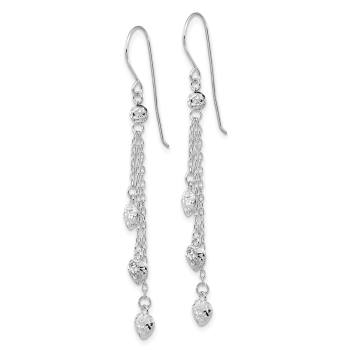 14k White Gold D/C Triple Heart Dangle Shepherd Hook Earrings-TH979W