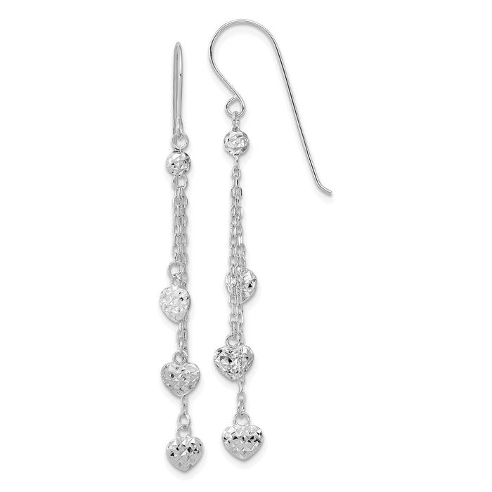 14k White Gold D/C Triple Heart Dangle Shepherd Hook Earrings-TH979W