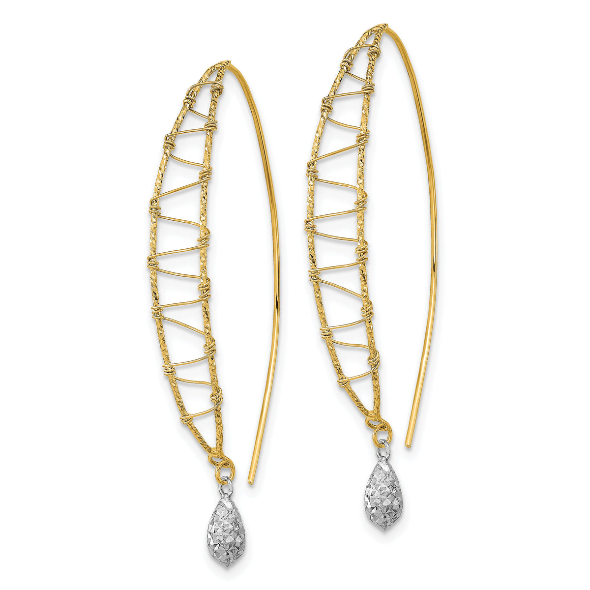 14k Two-tone Polished Wire Wrapped Diamond Cut Wire Dangle Earrings-TL1001