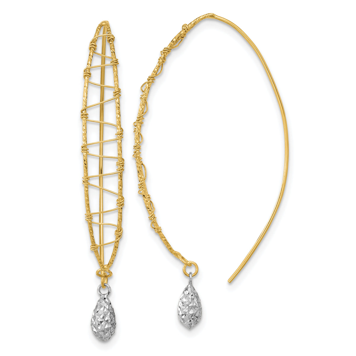 14k Two-tone Polished Wire Wrapped Diamond Cut Wire Dangle Earrings-TL1001