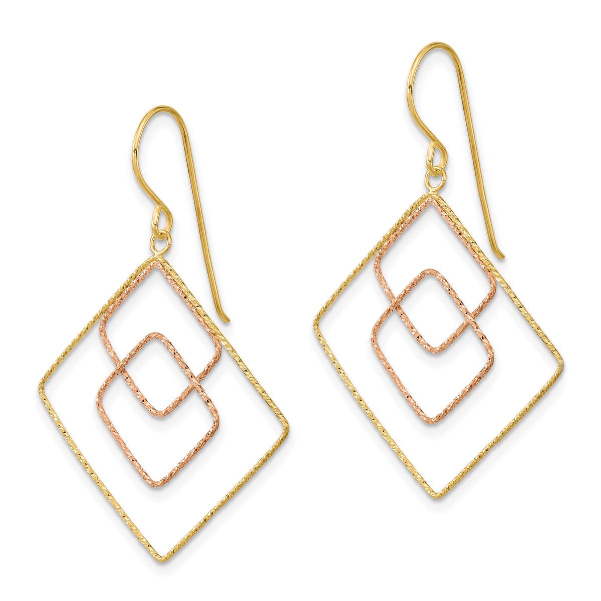 14k Two-tone Diamond-cut Graduated Square Shepherd Hook Earrings-TL1004