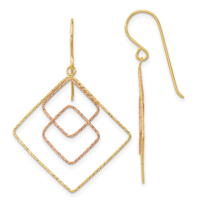 14k Two-tone Diamond-cut Graduated Square Shepherd Hook Earrings-TL1004