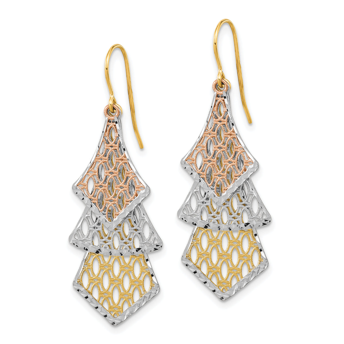 14k Tri-color D/C Polished Filigree Dangle Earrings-TL1026