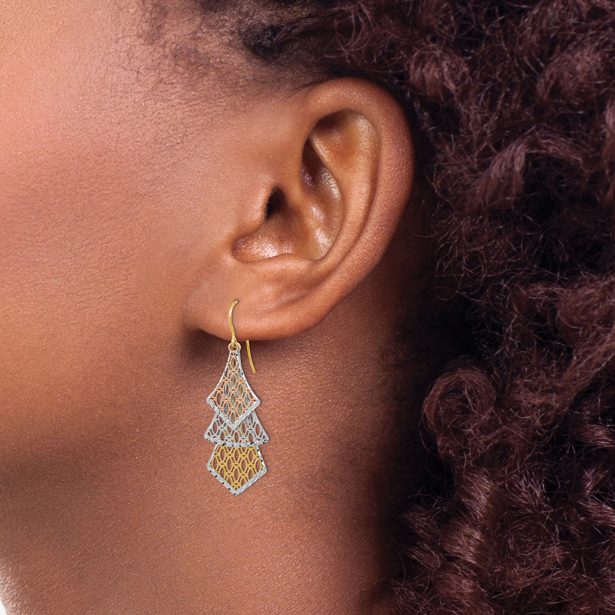14k Tri-color D/C Polished Filigree Dangle Earrings-TL1026
