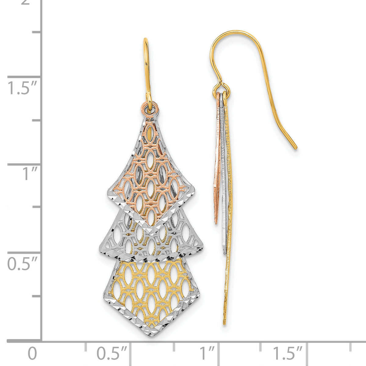 14k Tri-color D/C Polished Filigree Dangle Earrings-TL1026