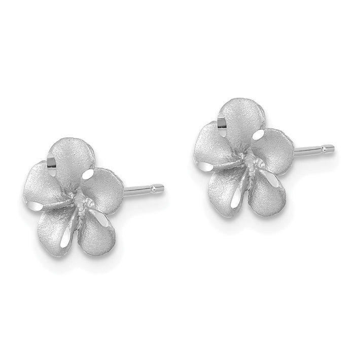 14k White Gold Satin Diamond-cut Plumeria Post Earrings-TL1116W