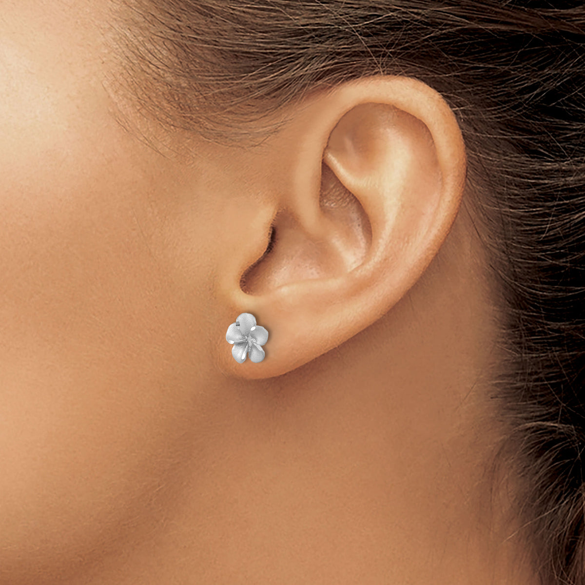 14k White Gold Satin Diamond-cut Plumeria Post Earrings-TL1116W