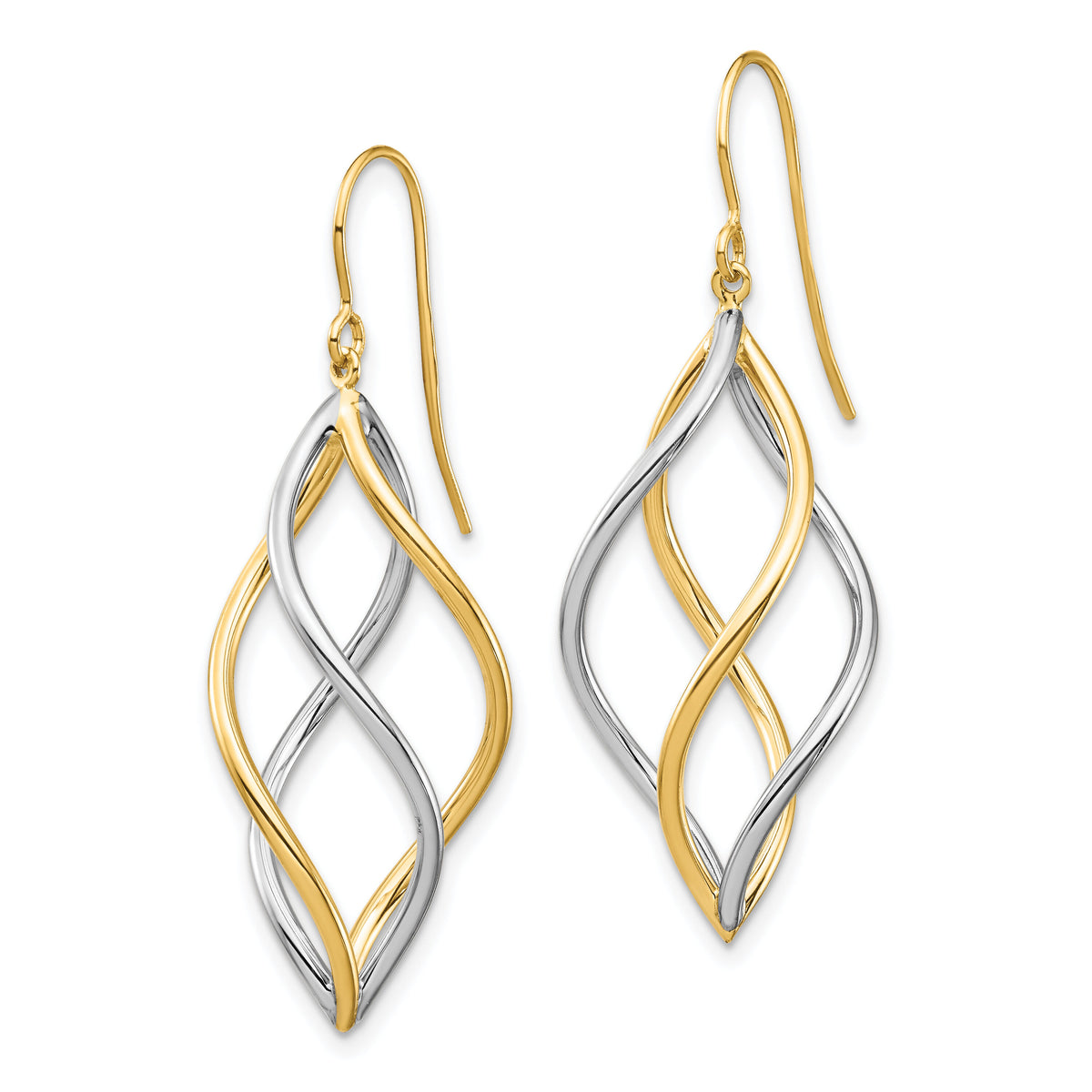 14K Two-Tone Twisted Polished Dangle Shepherd Hook Earrings-TL1146