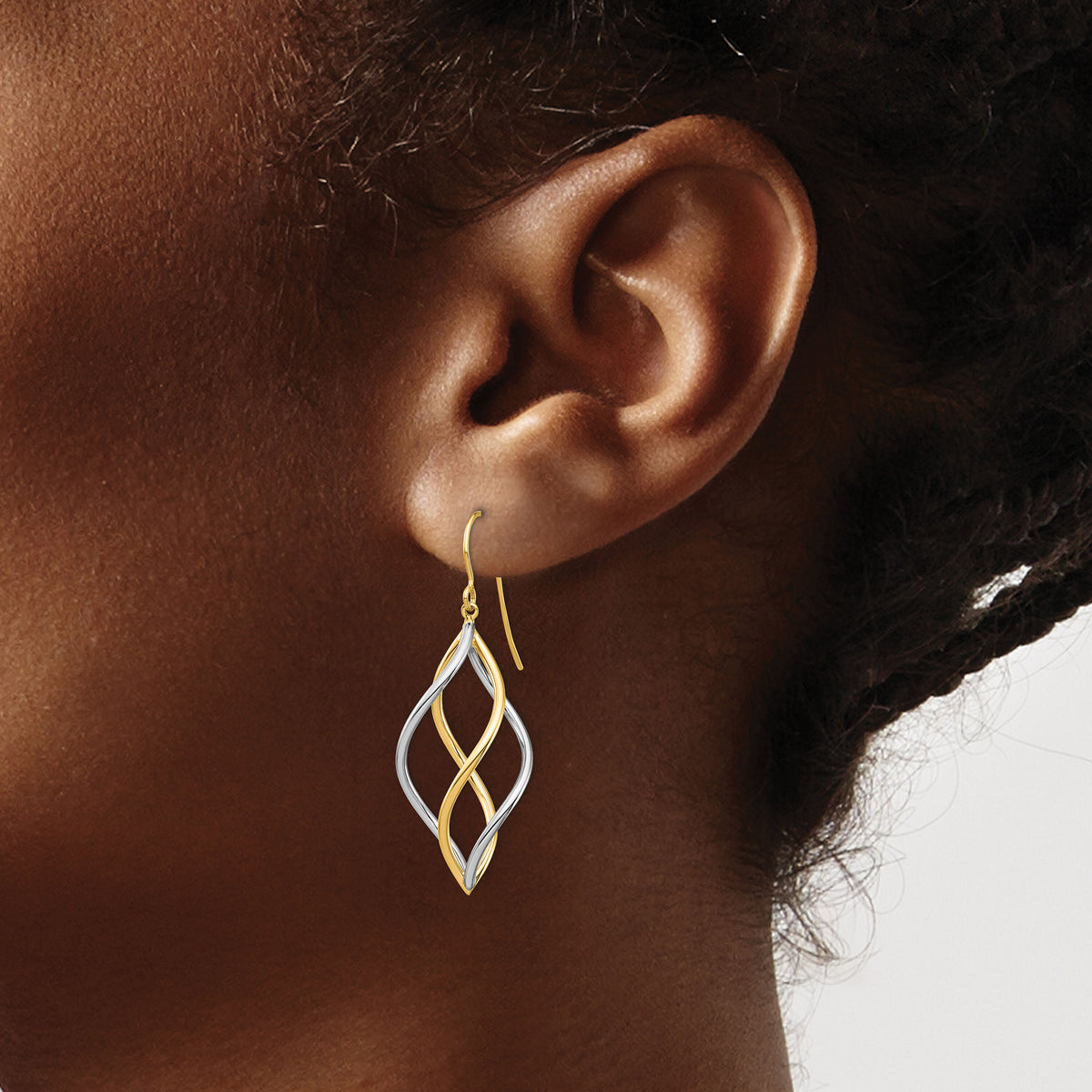 14K Two-Tone Twisted Polished Dangle Shepherd Hook Earrings-TL1146