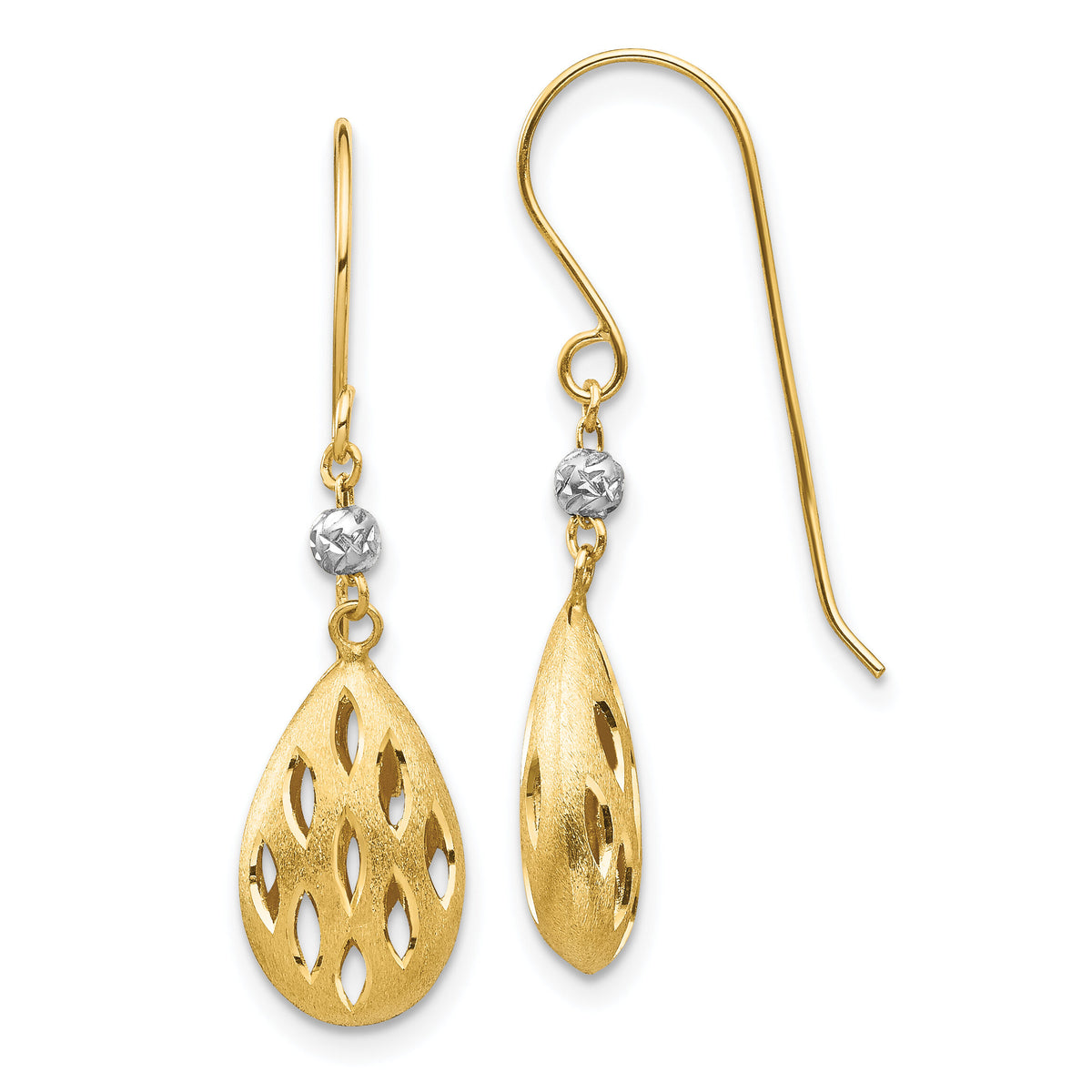 14k Two-Tone Diamond Cut Teardrop Dangle Earrings-TL1160
