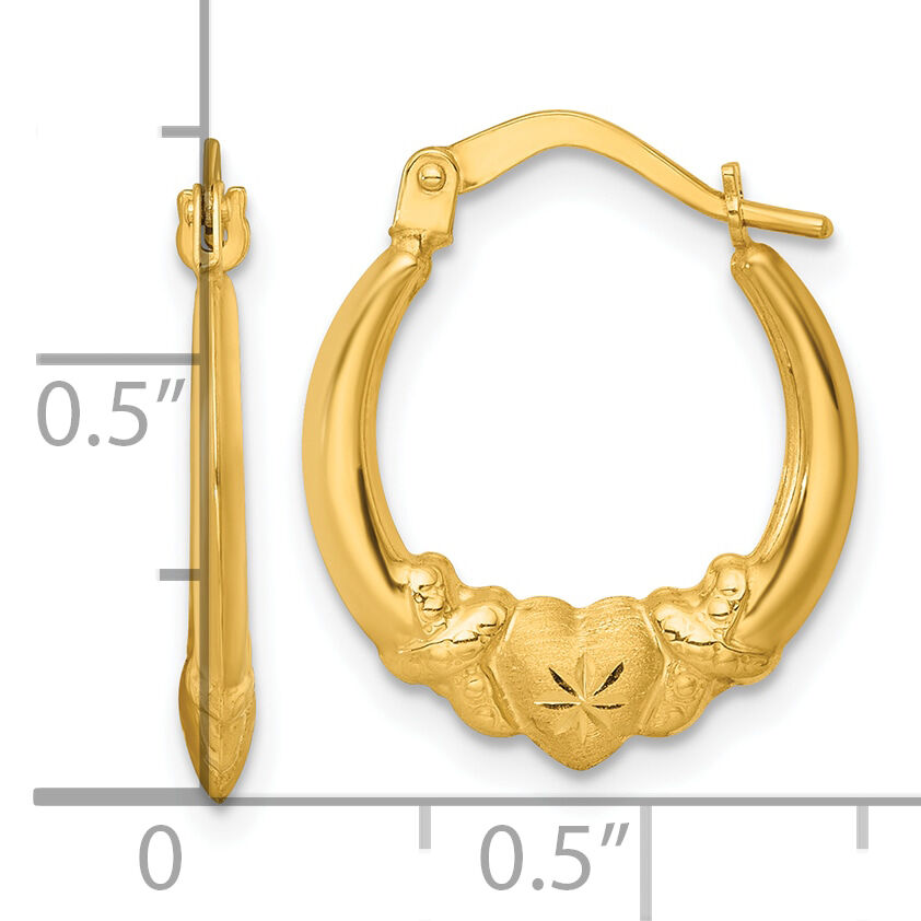 14k Polished Brushed and Diamond-cut Heart Hoop Earrings-TL1182