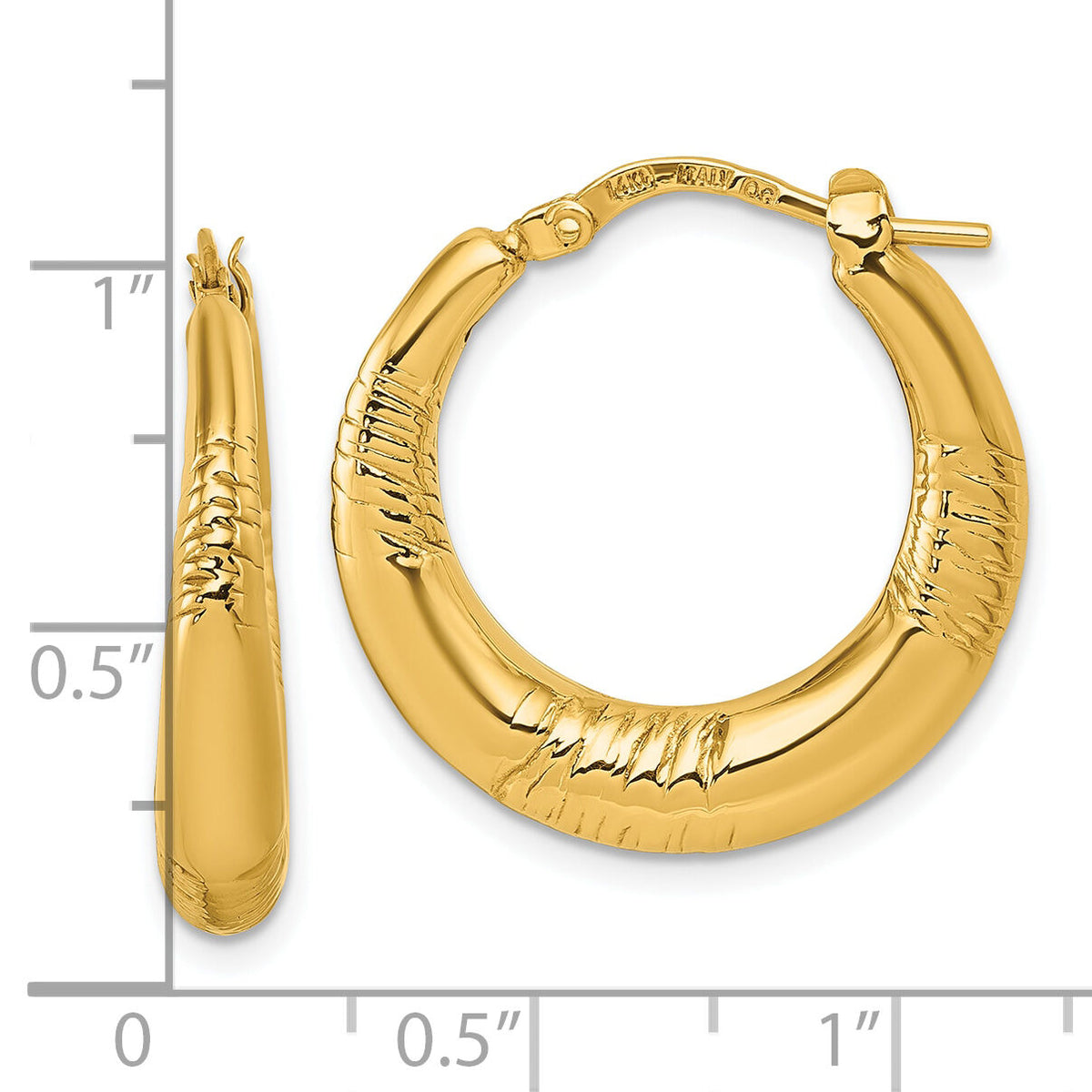 14k Polished and Grooved Round Hoop earrings-TL1186