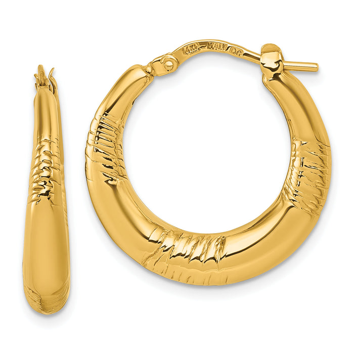 14k Polished and Grooved Round Hoop earrings-TL1186