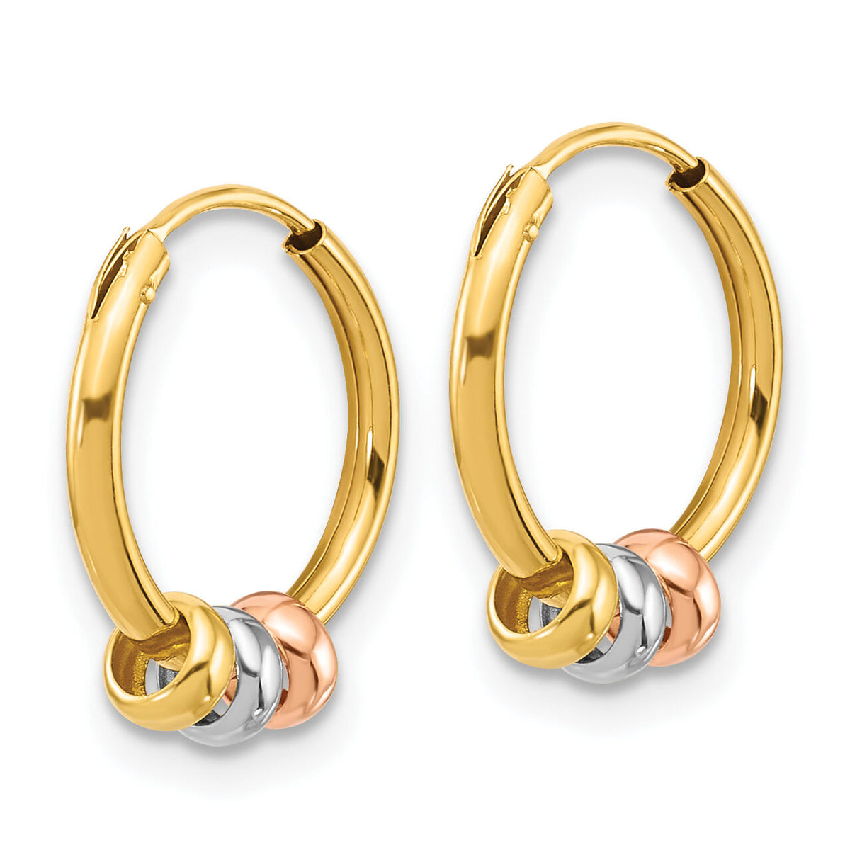 14K w/White RH and Rose Tone Polished Beads Endless Hoop earrings-TL1193