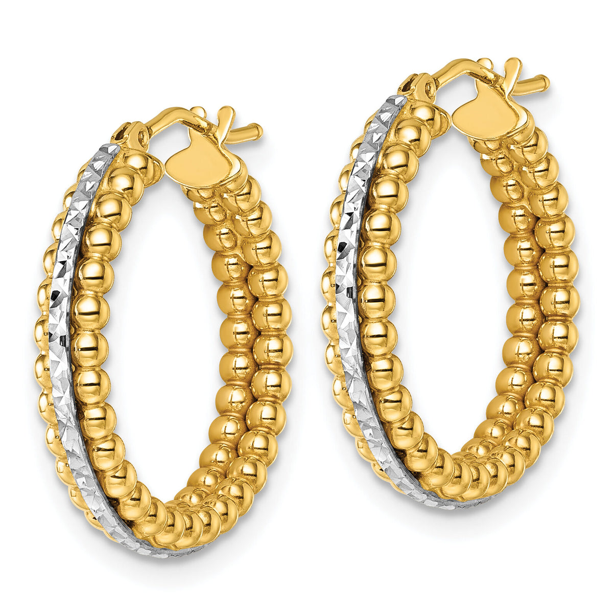 14k Two Tone Polished and Diamond-cut and Beaded Hoop earrings-TL1195