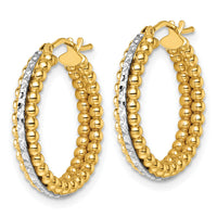 14k Two Tone Polished and Diamond-cut and Beaded Hoop earrings-TL1195