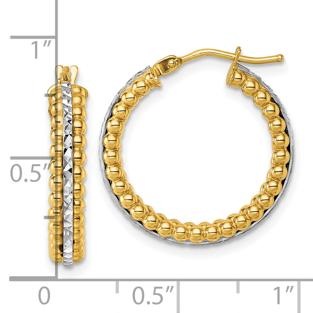 14k Two Tone Polished and Diamond-cut and Beaded Hoop earrings-TL1195