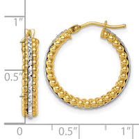 14k Two Tone Polished and Diamond-cut and Beaded Hoop earrings-TL1195