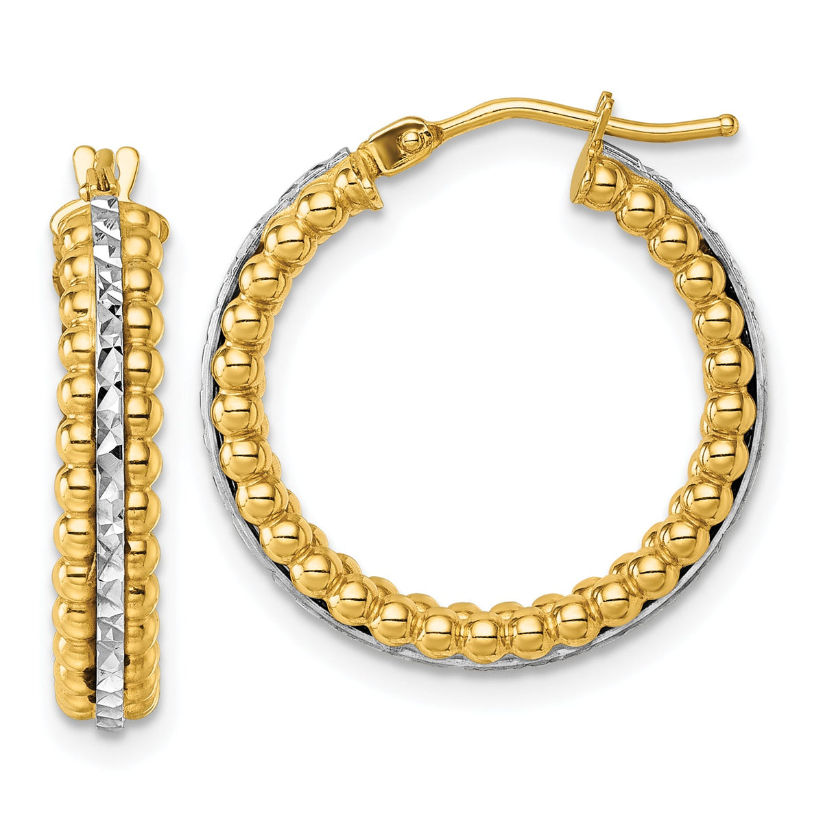 14k Two Tone Polished and Diamond-cut and Beaded Hoop earrings-TL1195