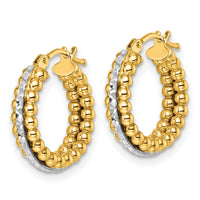 14k Two Tone Polished and Diamond-cut and Beaded Hoop earrings-TL1196