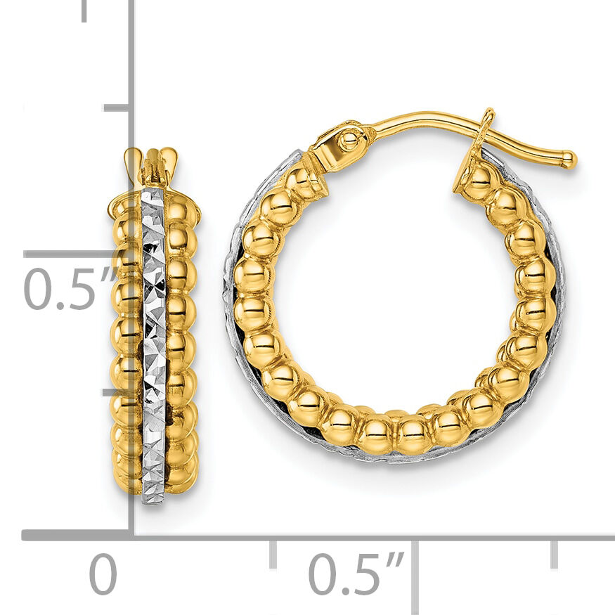 14k Two Tone Polished and Diamond-cut and Beaded Hoop earrings-TL1196
