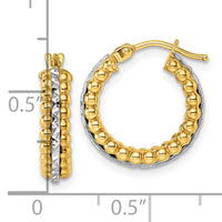 14k Two Tone Polished and Diamond-cut and Beaded Hoop earrings-TL1196