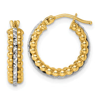 14k Two Tone Polished and Diamond-cut and Beaded Hoop earrings-TL1196