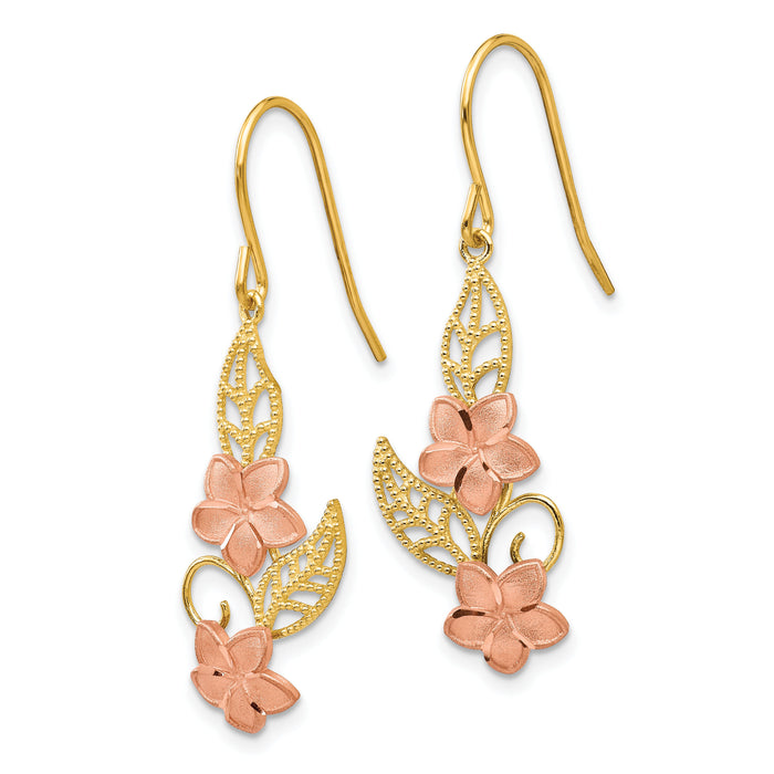 14K Two-tone Fancy Plumeria Dangle Earrings-TL456