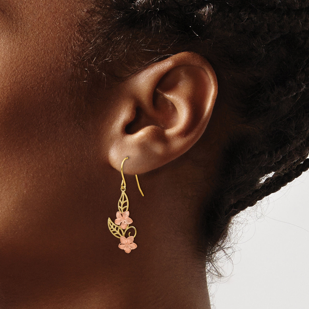 14K Two-tone Fancy Plumeria Dangle Earrings-TL456