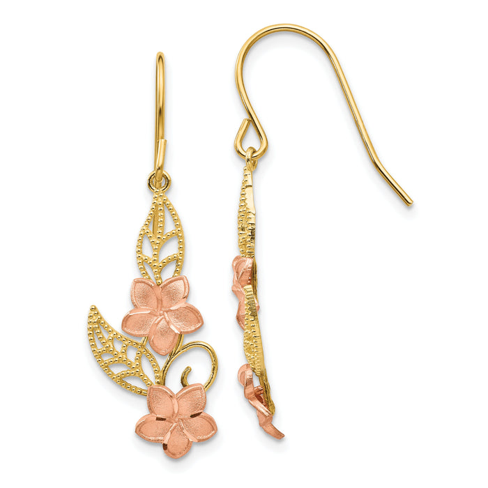 14K Two-tone Fancy Plumeria Dangle Earrings-TL456