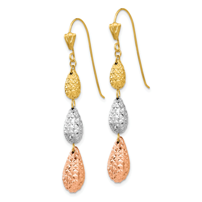 14k Tri-color Puff Diamond-cut Teardrop Dangle Earrings-TL476