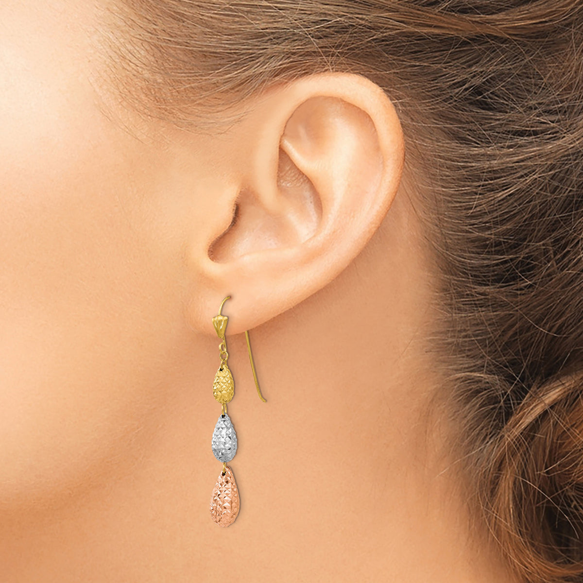 14k Tri-color Puff Diamond-cut Teardrop Dangle Earrings-TL476