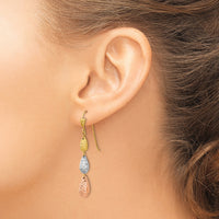 14k Tri-color Puff Diamond-cut Teardrop Dangle Earrings-TL476