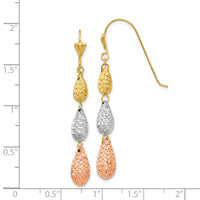 14k Tri-color Puff Diamond-cut Teardrop Dangle Earrings-TL476