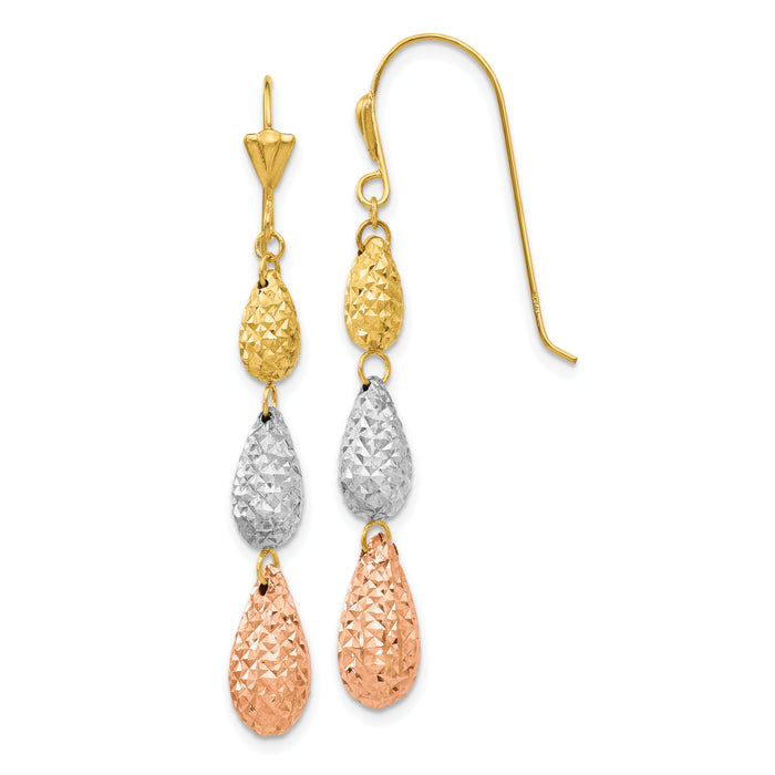 14k Tri-color Puff Diamond-cut Teardrop Dangle Earrings-TL476
