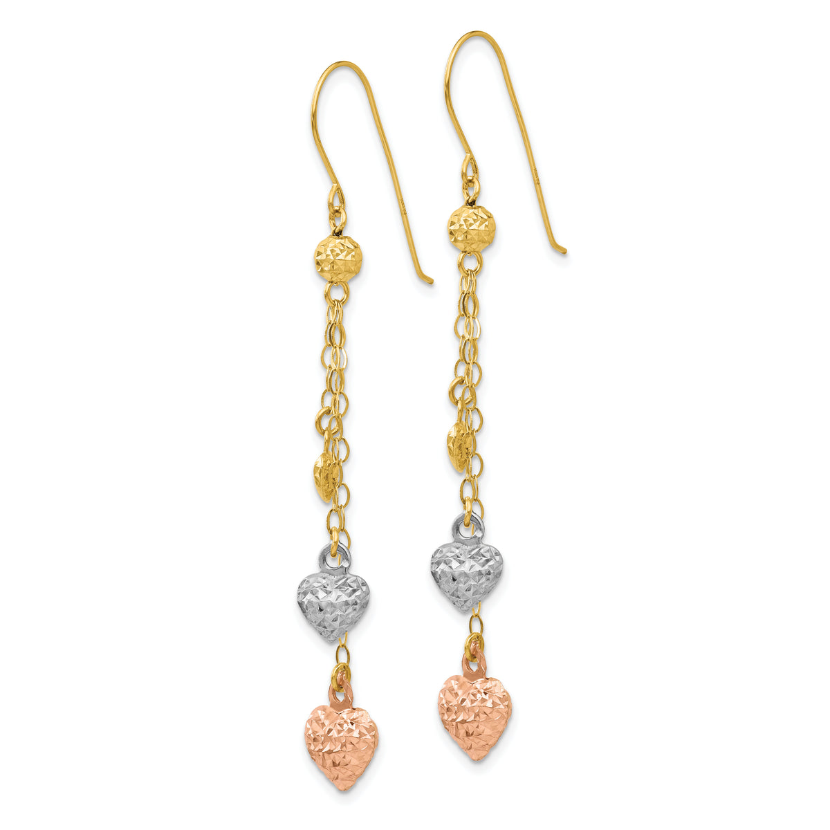 14k Tri-color Puff Heart Dangle Earrings-TL481
