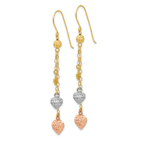 14k Tri-color Puff Heart Dangle Earrings-TL481