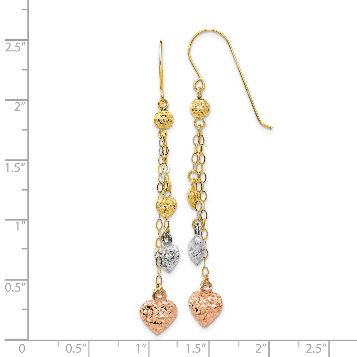 14k Tri-color Puff Heart Dangle Earrings-TL481