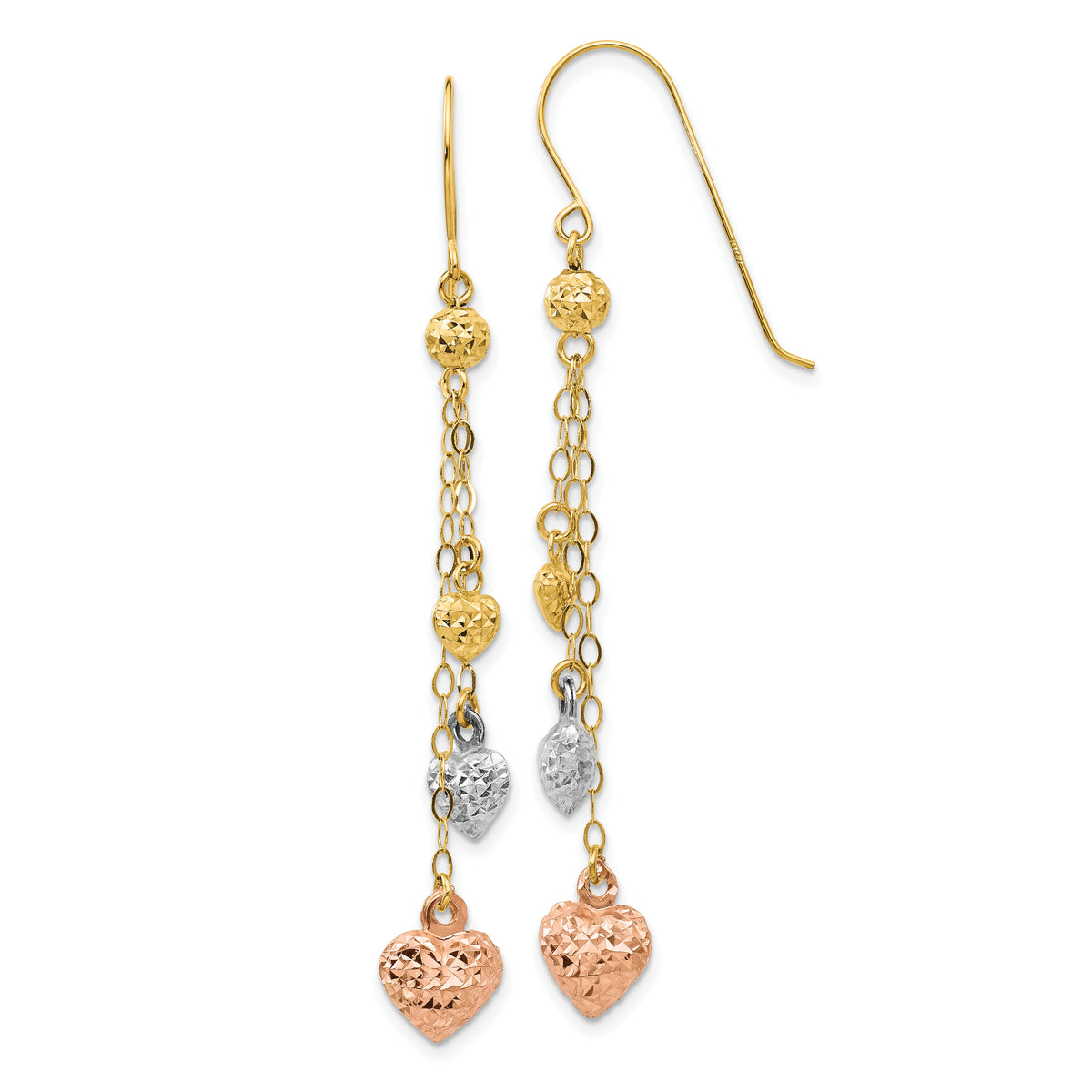 14k Tri-color Puff Heart Dangle Earrings-TL481