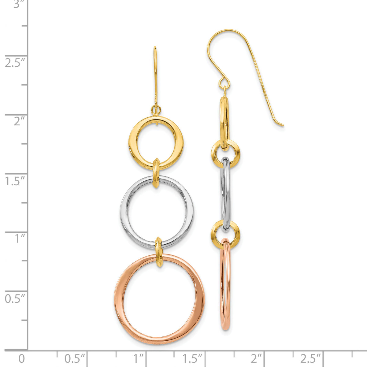 14k Tri-color Triple Circle Dangle Earrings-TL505