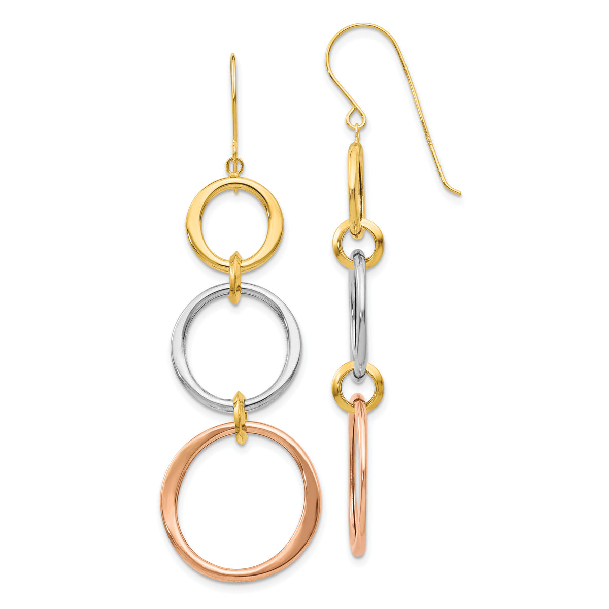 14k Tri-color Triple Circle Dangle Earrings-TL505