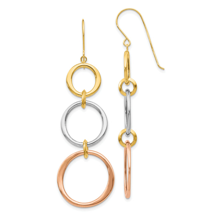 14k Tri-color Triple Circle Dangle Earrings-TL505
