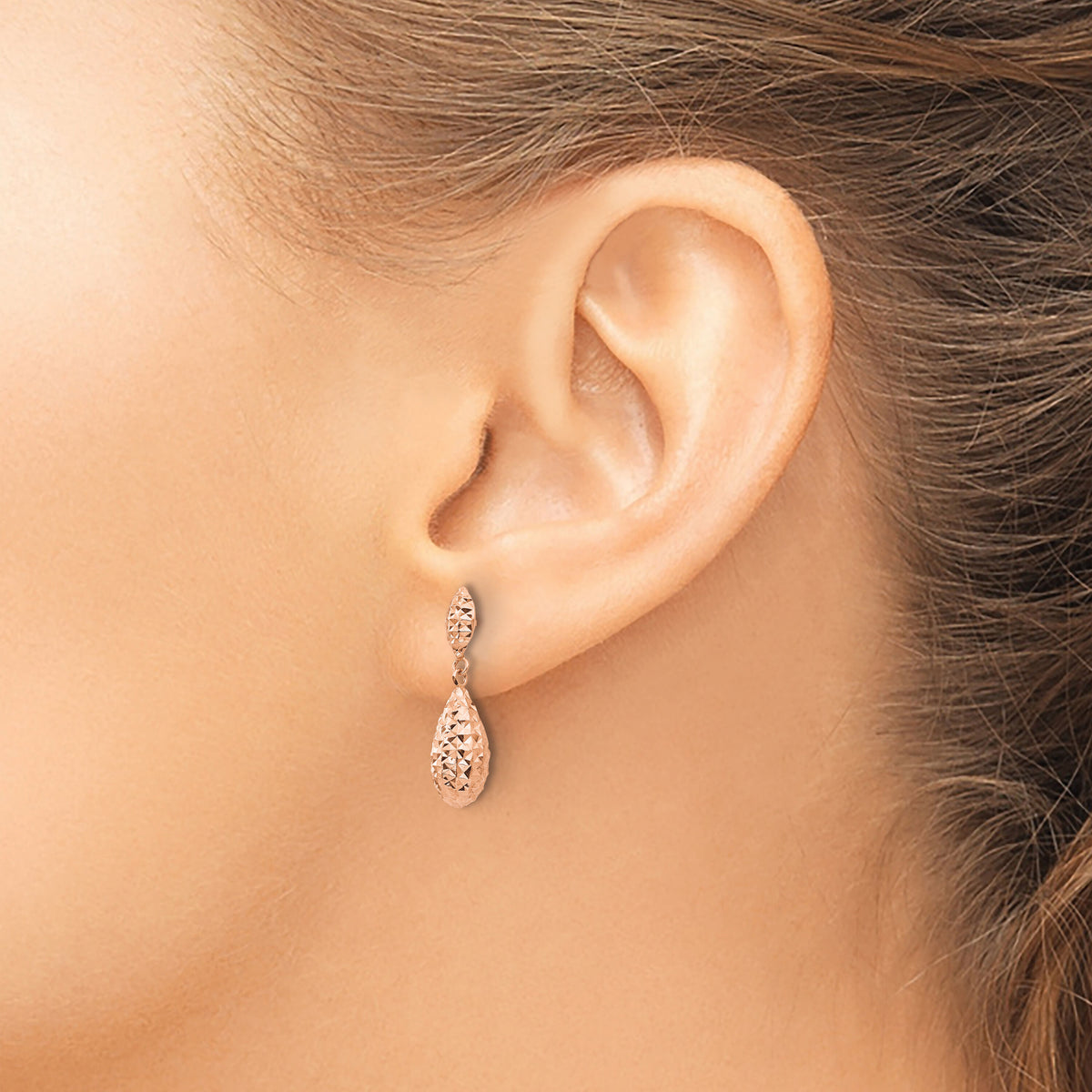 14k Rose Gold Diamond-cut Puff Teardrop Dangle Earrings-TL506R