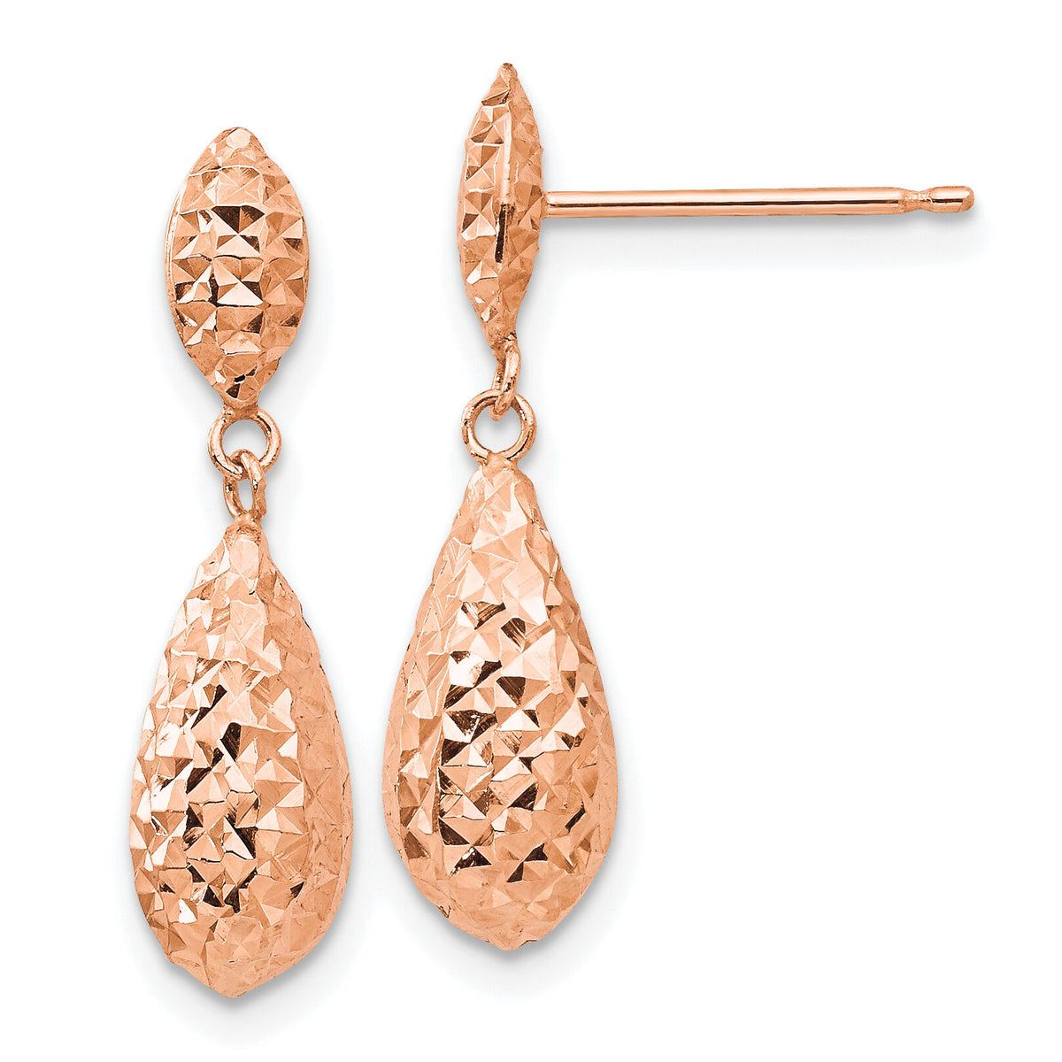 14k Rose Gold Diamond-cut Puff Teardrop Dangle Earrings-TL506R