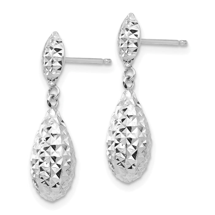 14k White Gold Diamond-cut Puff Teardrop Dangle Earrings-TL506W