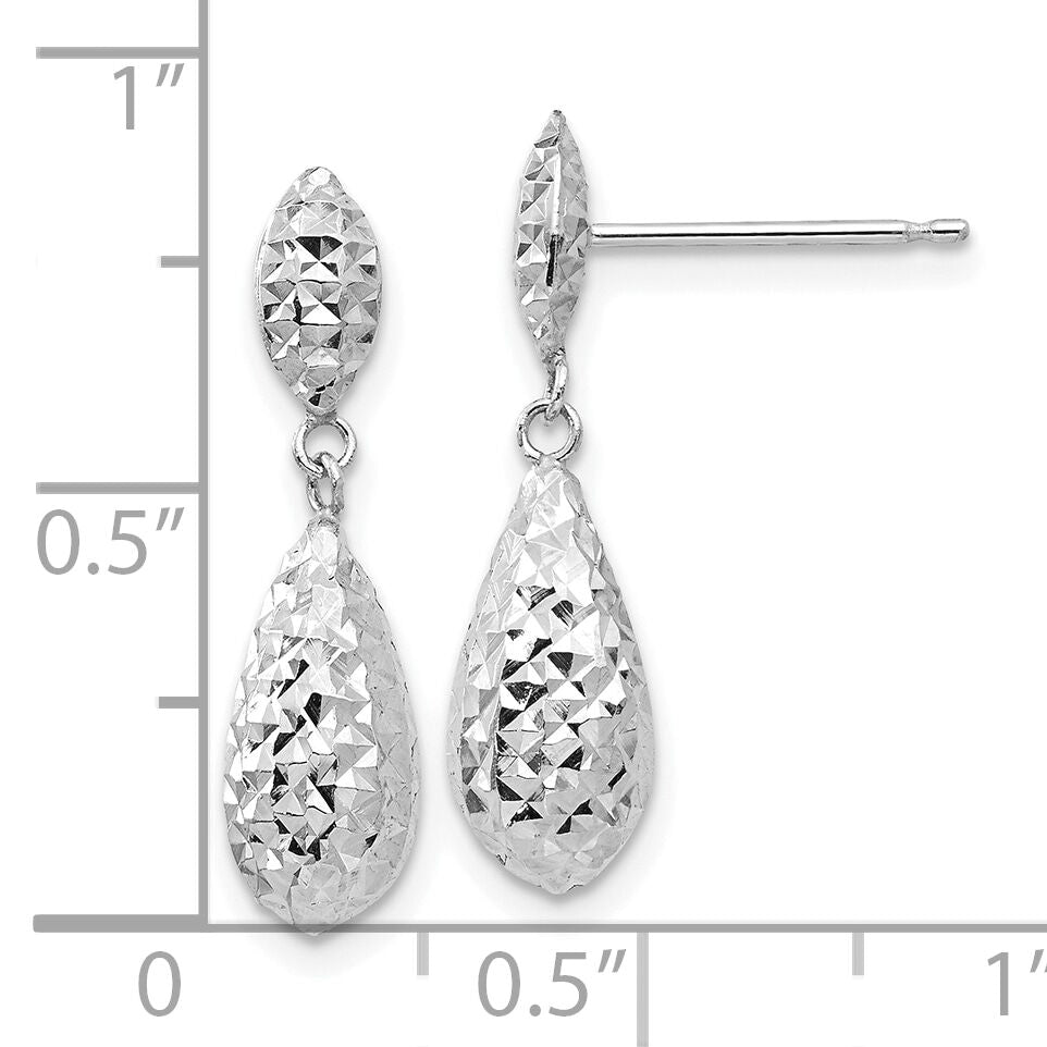 14k White Gold Diamond-cut Puff Teardrop Dangle Earrings-TL506W