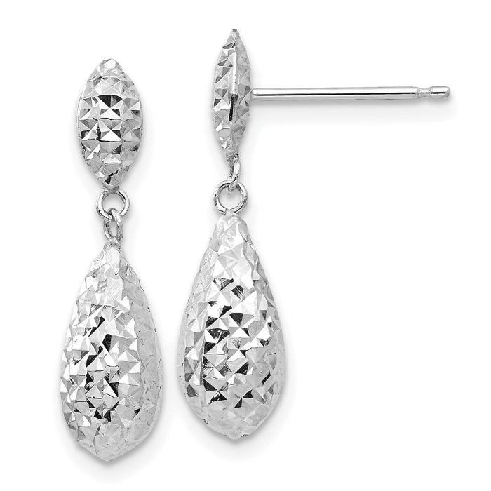 14k White Gold Diamond-cut Puff Teardrop Dangle Earrings-TL506W