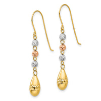 14k Tri-color Diamond-cut Teardrop Beaded Puff Dangle Earrings-TL537