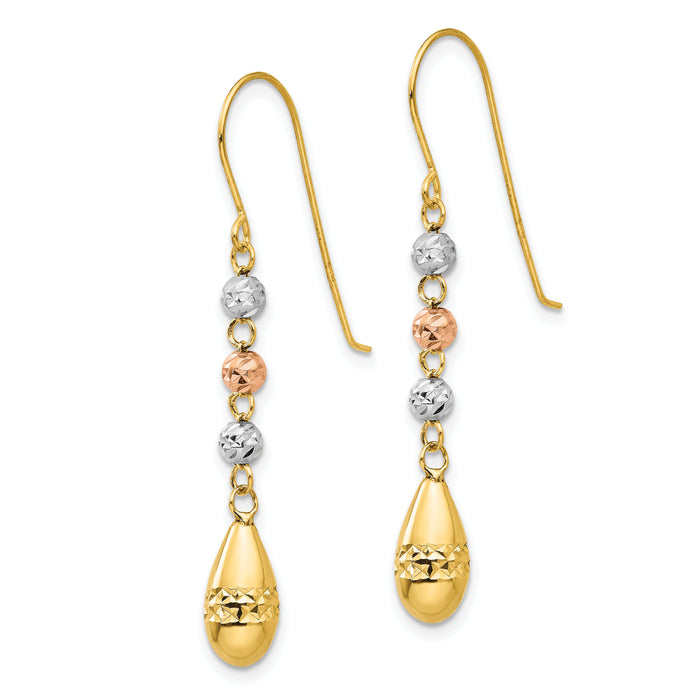14k Tri-color Diamond-cut Teardrop Beaded Puff Dangle Earrings-TL537