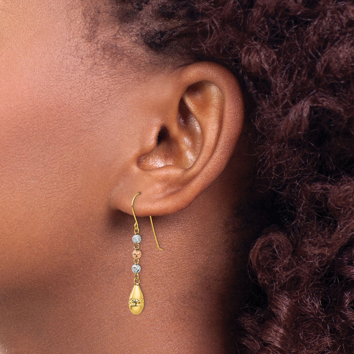 14k Tri-color Diamond-cut Teardrop Beaded Puff Dangle Earrings-TL537